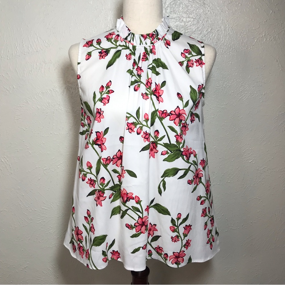Blouse. Ivory, pink and green sleeveless top. Size S.